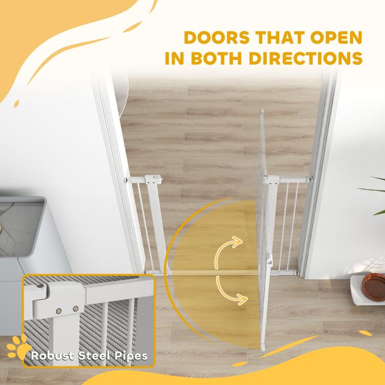 White walk-through pet gate infographic showing two-way opening door and steel frame
