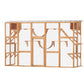 Outdoor wooden multi-cat enclosure with mesh walls, ramps, platforms, and curved bridges
