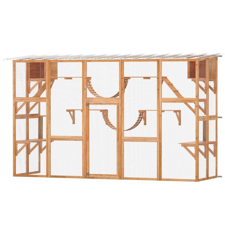 Outdoor wooden multi-cat enclosure with mesh walls, ramps, platforms, and curved bridges
