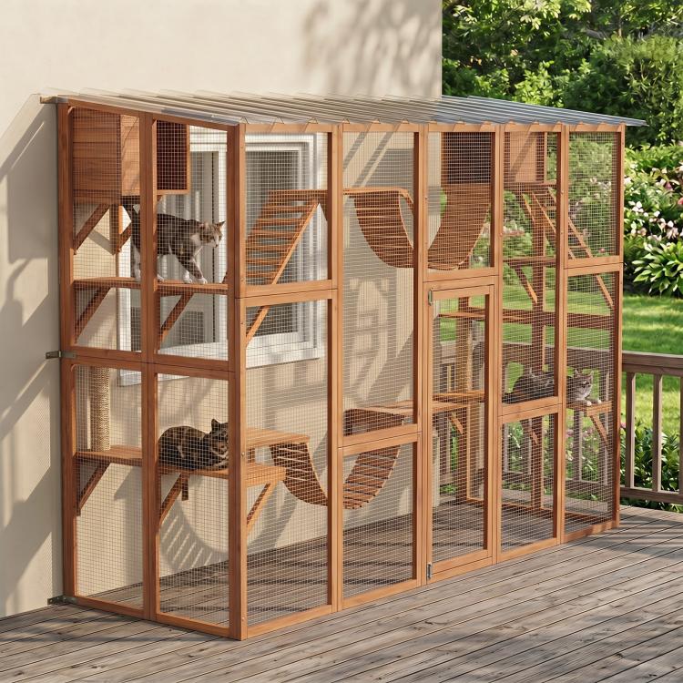 Outdoor cat enclosure with orange wood frame, mesh panels, multi-level shelves and bridges