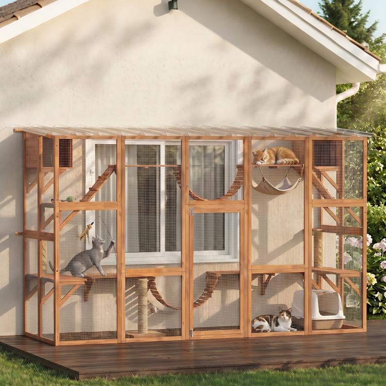 Outdoor wooden cat playhouse enclosure with mesh panels, shelves, and hammock platforms