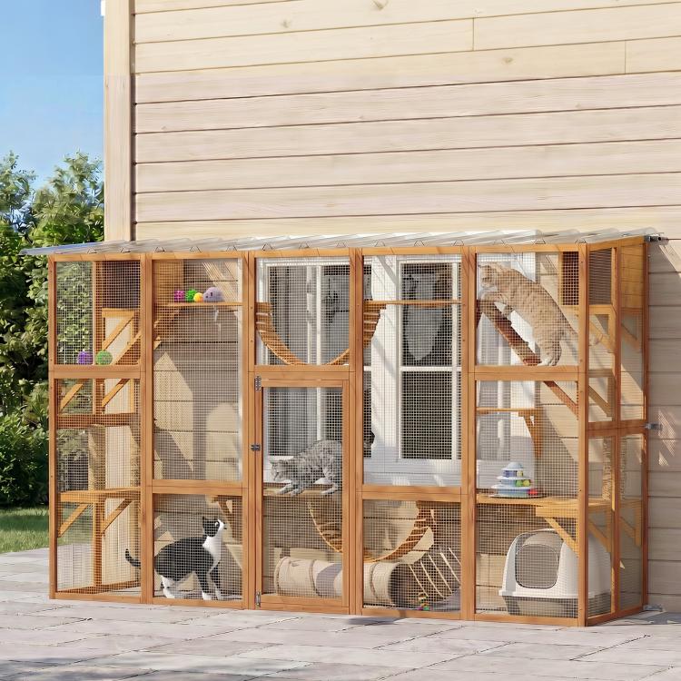 Outdoor wooden cat enclosure with mesh doors, stacked shelves, and multiple resting areas