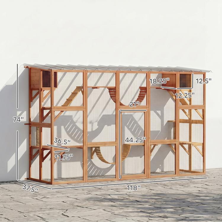 Wooden multi-cat playground enclosure with mesh walls, platforms, and a large front door