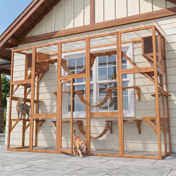 Outdoor wooden cat playhouse enclosure with mesh walls, ladders, and curved bridge tunnels