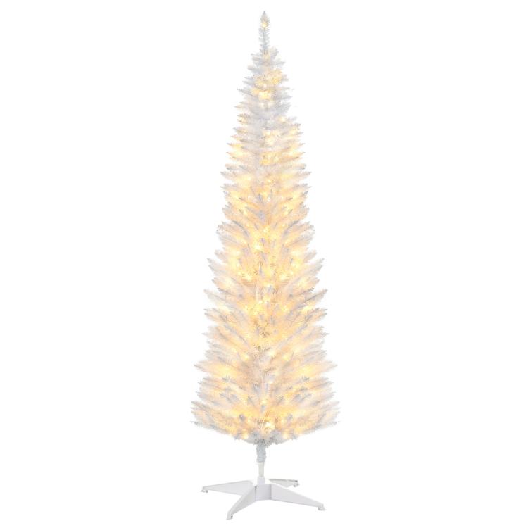 White slim artificial pencil Christmas tree with warm white LED lights and stand