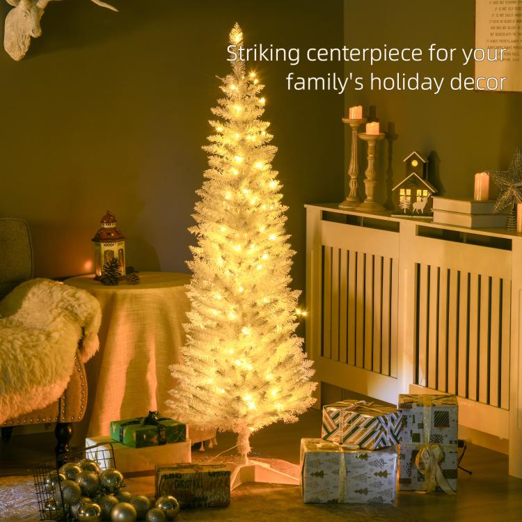 Tall slim white artificial Christmas tree with warm white LED lights