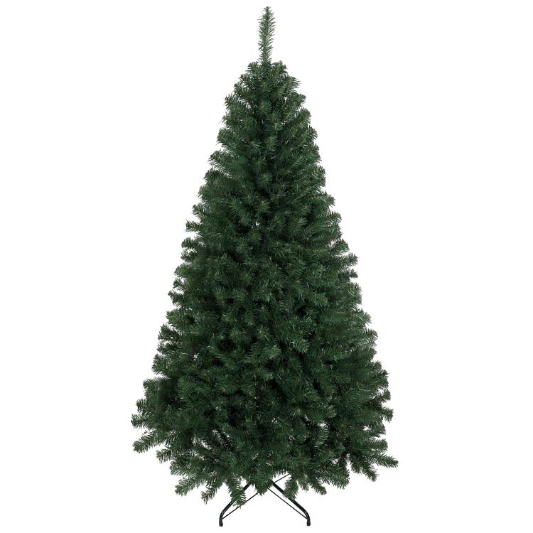 Artificial green Christmas tree with hinged branches and freestanding metal stand