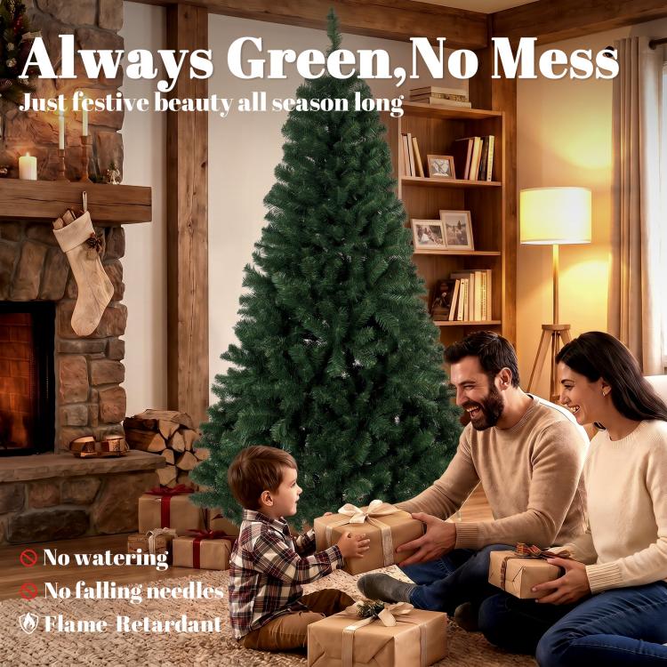 Artificial green Christmas tree with dense branches on black metal base stand