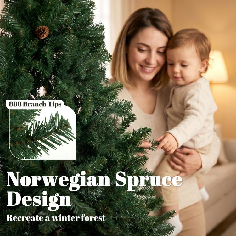 Artificial green Christmas tree with dense branches on metal stand