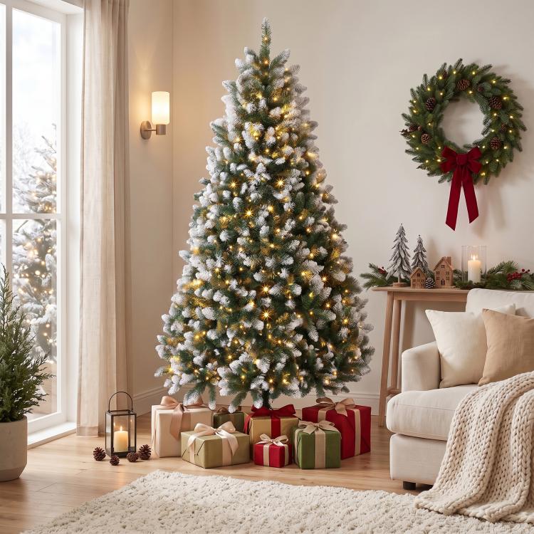 7.5 ft artificial Christmas tree with snow-dusted branches and warm gold LED lights