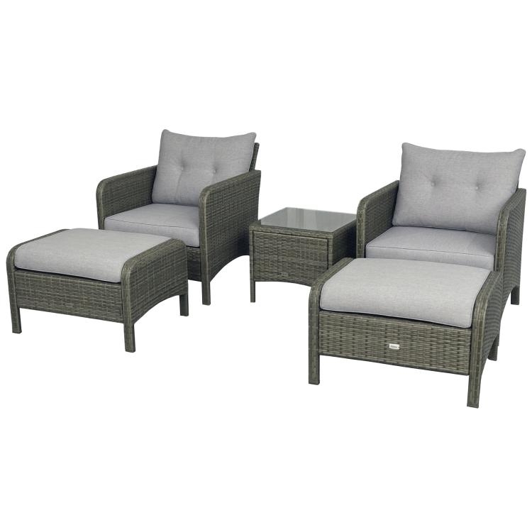 Outdoor wicker lounge chair set with two ottomans, dark gray frame and light gray cushions