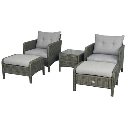 Outdoor wicker lounge chair set with two ottomans, dark gray frame and light gray cushions