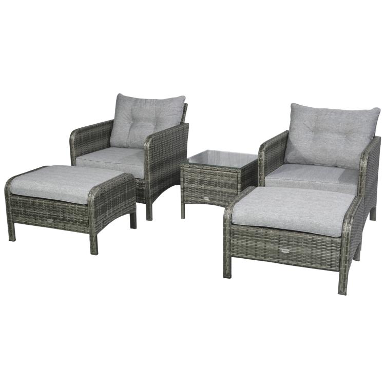 Wicker lounge chair set with two ottomans, dark gray weave and light gray seat cushions