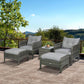 Outdoor wicker lounge chairs with ottoman table, dark gray weave and light gray cushions