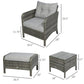 Wicker lounge chair and ottoman set with light gray cushions and size measurements