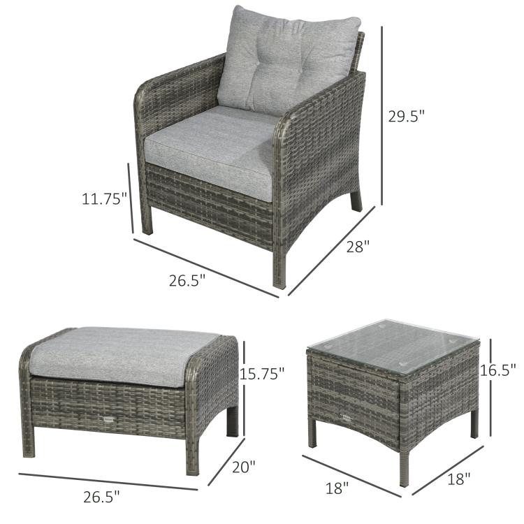 Wicker lounge chair and ottoman set with light gray cushions and size measurements