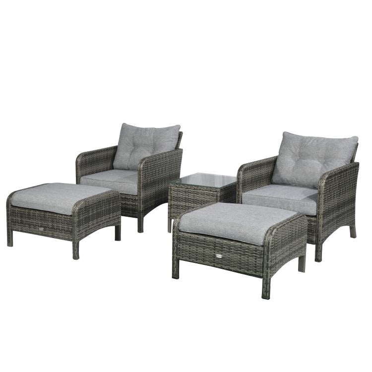 Wicker lounge chair set with two ottomans, dark gray weave and light gray cushions