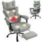 Gray ergonomic office chair with headrest and extended footrest, massage nodes visible