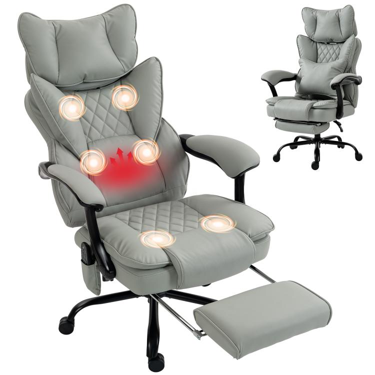 Gray ergonomic office chair with headrest and extended footrest, massage nodes visible