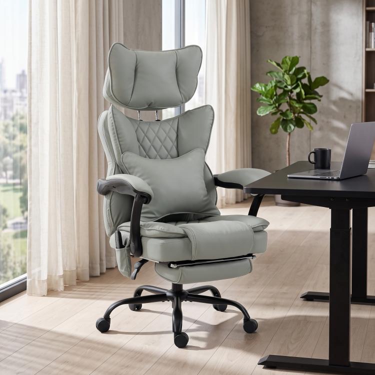 Gray office chair with quilted backrest, padded headrest, and adjustable recline