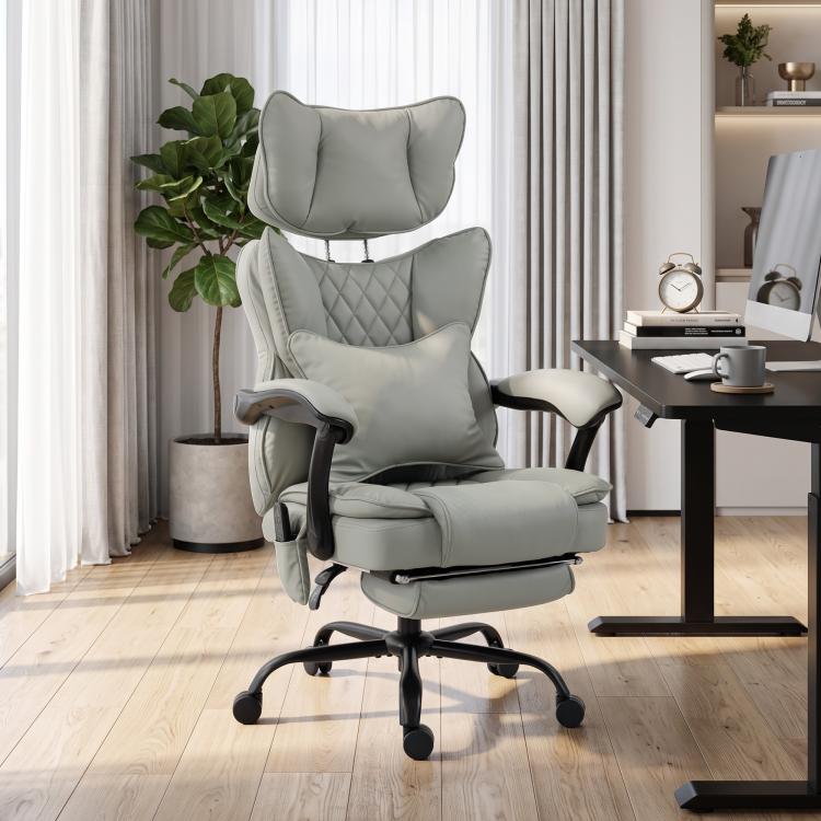 Gray massage office chair with tall headrest, padded seat, and smooth arm controls