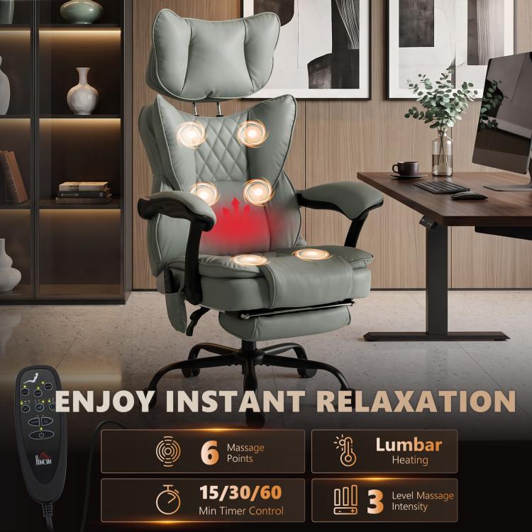 Gray massage heated office chair with glowing lumbar/back points and remote control