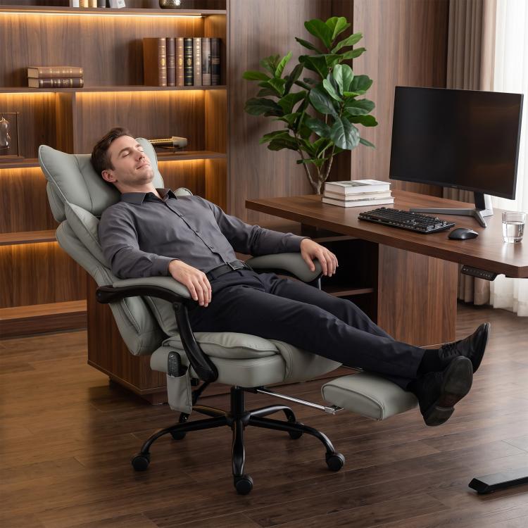 Gray massage heated recliner office chair with headrest and padded armrests