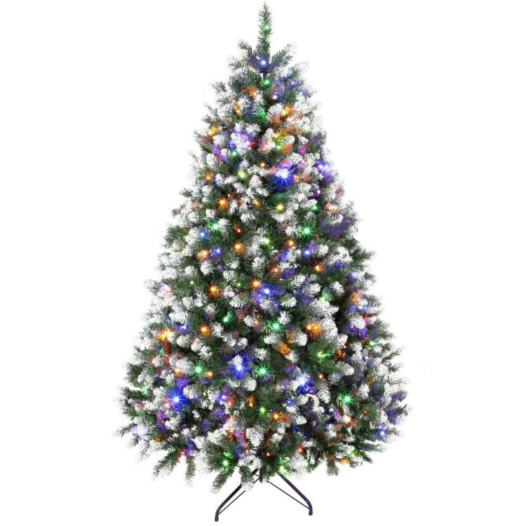 Frosted artificial Christmas tree with multicolor LED lights and hinged branches