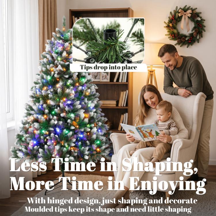 Frosted artificial Christmas tree with multicolor LED lights and hinged assembly detail
