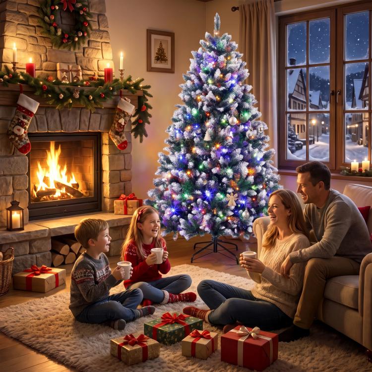 Frosted artificial Christmas tree with multicolor LED lights beside wrapped gifts