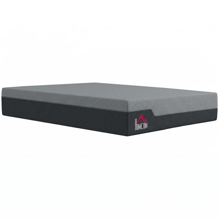 Queen memory foam mattress, grey top and dark sides with center logo