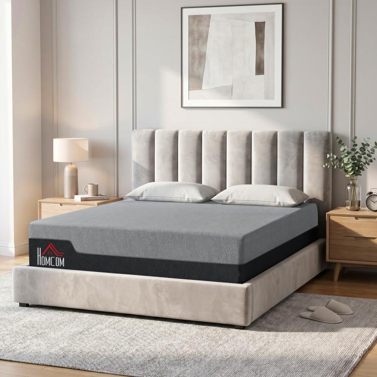 Queen-size memory foam mattress with grey cover, on a bed frame