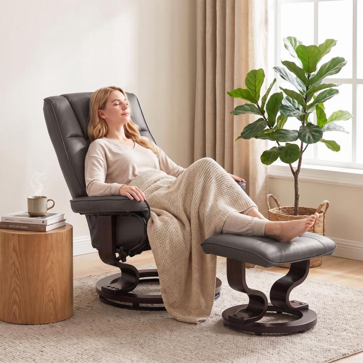 Brown swivel reclining lounge chair with ottoman and padded seat