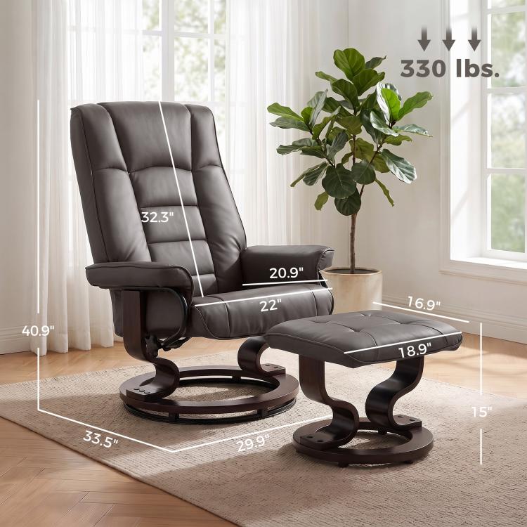 Dark gray manual reclining chair with ottoman, thick cushions and rounded base