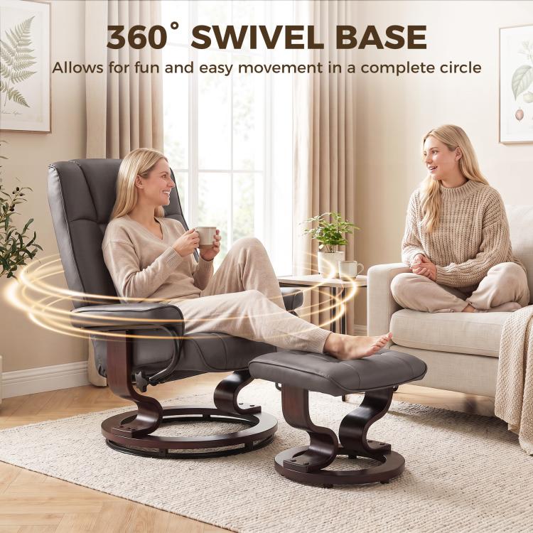 Swivel reclining base lounge chair with ottoman, dark gray cushions