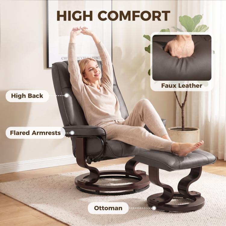Dark gray high-back reclining chair with ottoman, flared armrests and recline lever