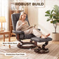 Robust dark gray reclining swivel chair with ottoman, bent wood-style base parts