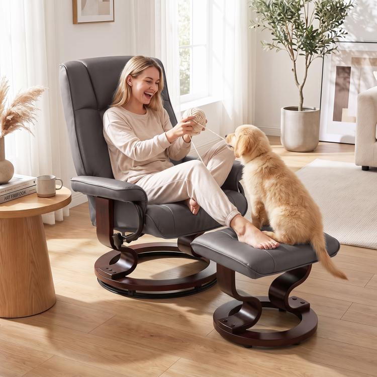 Swivel recliner chair with ottoman in dark gray, padded seat back and armrests