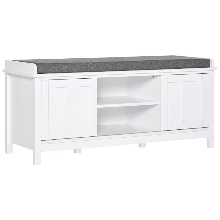 White shoe storage bench with gray upholstered top and open center shelf
