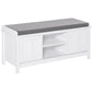 White shoe storage bench with gray cushioned top, sliding doors, open shelves