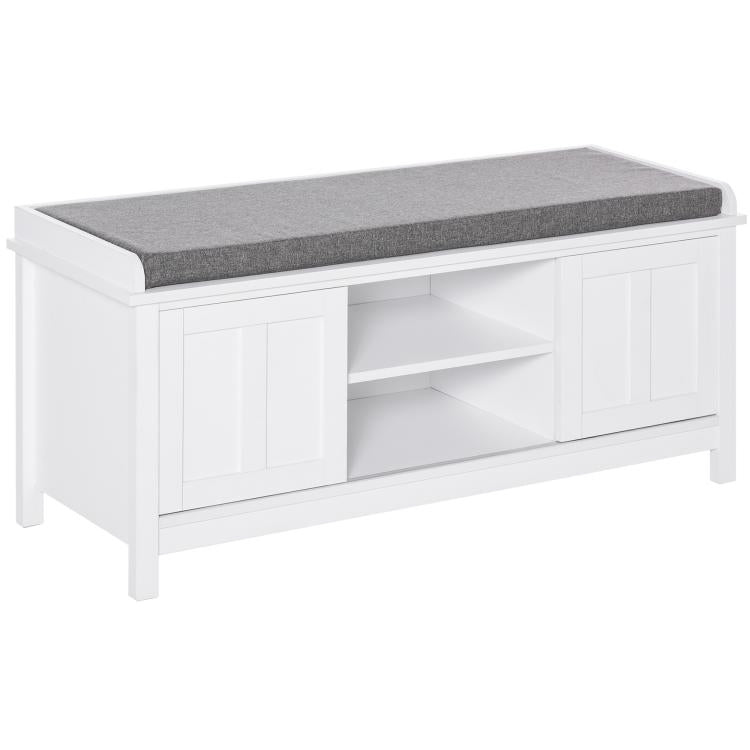 White shoe storage bench with gray cushioned top, sliding doors, open shelves