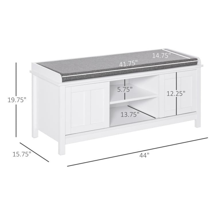 White shoe storage bench with gray upholstered top and sliding door storage