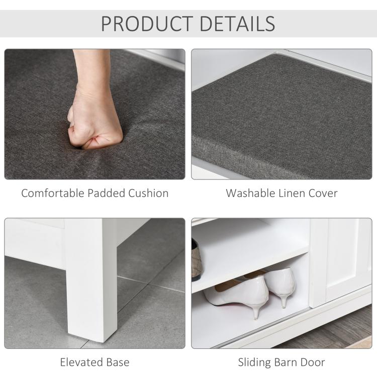 Gray upholstered cushion and sliding barn door shoe storage bench in white