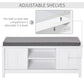 White shoe storage bench with gray cushioned top and adjustable interior shelves