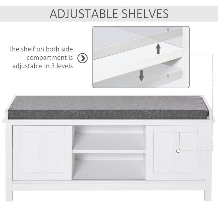 White shoe storage bench with gray cushioned top and adjustable interior shelves