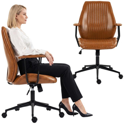 Brown mid-back office chair with armrests, PU leather look, swivel base and casters
