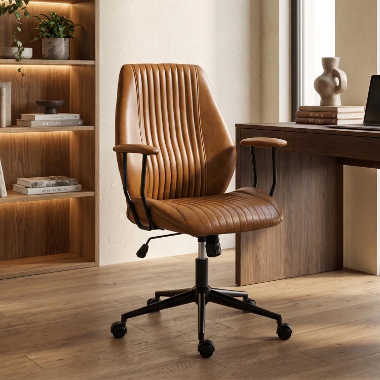 Brown mid-back office desk chair with PU leather upholstery, armrests and rolling caster base