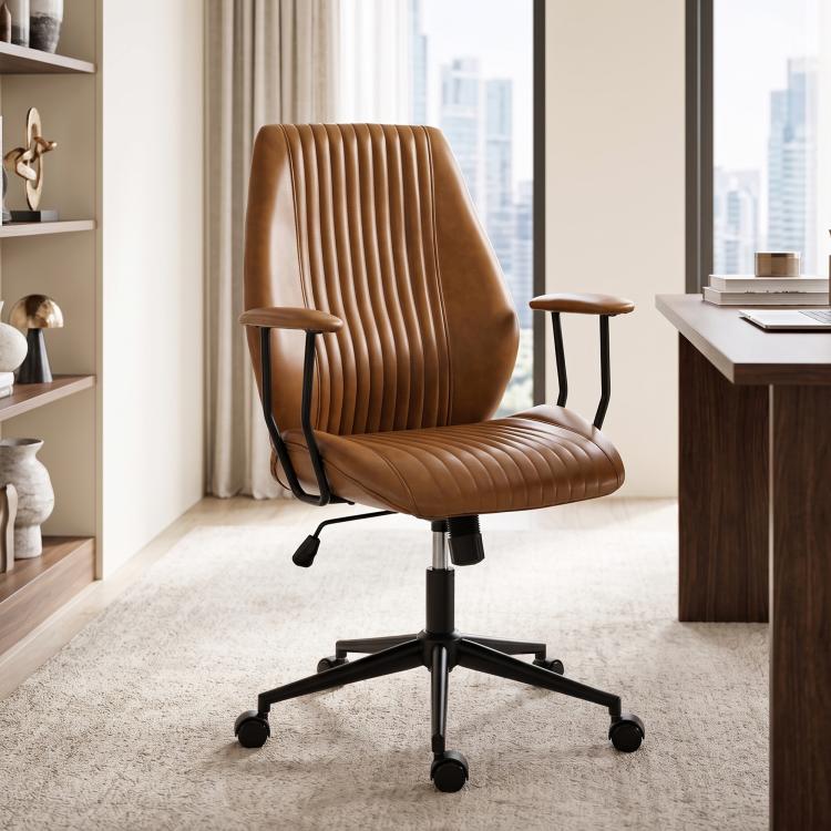 Brown mid-back office chair with armrests and ribbed PU leather look on caster base