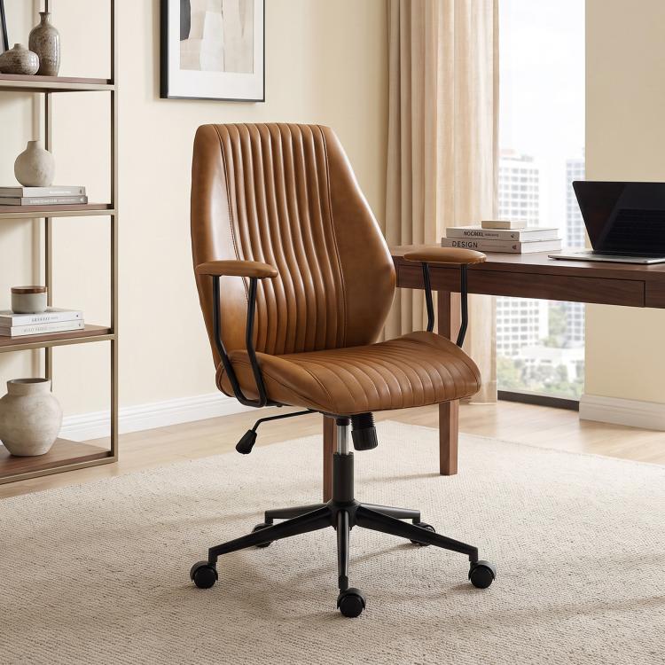 Brown mid-back PU leather-look office chair with armrests and caster swivel base