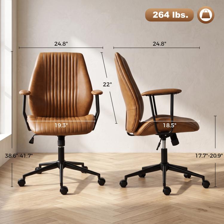 Brown mid-back office chair with armrests, swivel base and casters, side views shown